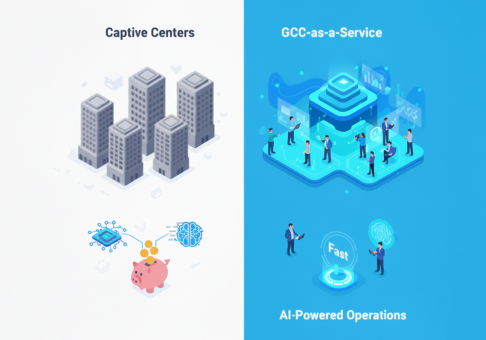 Diagram illustrating why enterprises are shifting from captive centers to GCC-as-a-Service for faster setup and lower capital investment